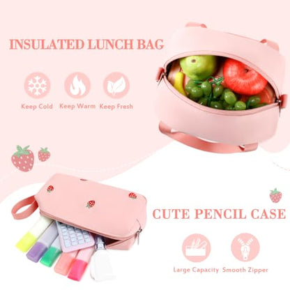 Girls Embroidered Backpack Set with Lunch Bag - Pink Strawberry