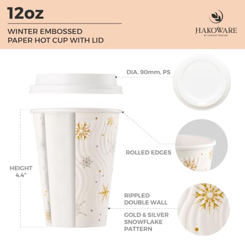 12oz Christmas Disposable Coffee Cups with Lids - Snowflake Winter Design, Pack of 100