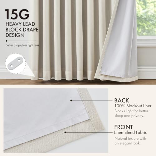 90 Inch Blackout Linen Curtains - Natural, 2 Panels, Pinch Pleat, Room Darkening
