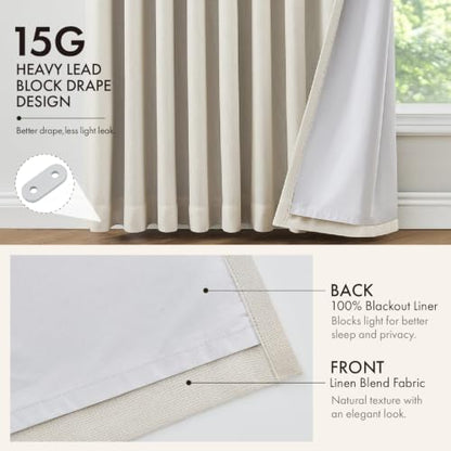 90 Inch Blackout Linen Curtains - Natural, 2 Panels, Pinch Pleat, Room Darkening