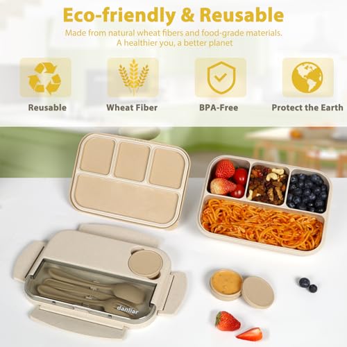 danliar Bento Lunch Box for Kids, Wheat Straw 5.5 Cups Leakproof Adult Bento Box with 2 Sauce Jars, 4 Compartments Lunchable Snack containers, Utensils, Microwave & Dishwasher Safe (Wheat Straw Beige)