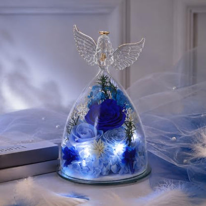 Blue Preserved Rose in Angel Glass Dome with LED Light - Gift for Mom