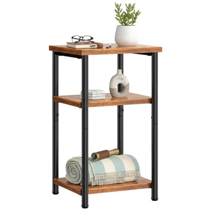 Rustic Brown Small End Table with 3 Shelves - Compact Nightstand for Small Spaces - 1 Pack