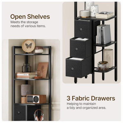Black 5-Tier Corner Shelf Stand with 3 Drawers - Industrial Wooden Bookcase