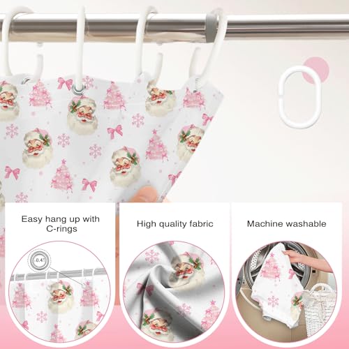 Christmas Shower Curtain Pink Bow Santa Snowflake 72x72 Inch Waterproof Holiday Bathroom Decor - Pink1