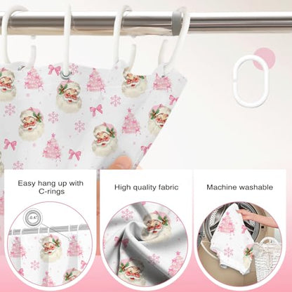 Christmas Shower Curtain Pink Bow Santa Snowflake 72x72 Inch Waterproof Holiday Bathroom Decor - Pink1