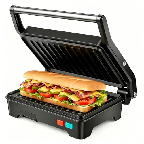 Black 3-in-1 Electric Panini Press Grill with Non-Stick Plates & Drip Tray
