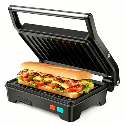 Black 3-in-1 Electric Panini Press Grill with Non-Stick Plates & Drip Tray
