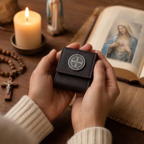 Brown Hand Sewn Leather Catholic Pocket Shrine Portable Mini Prayer Altar with Sacred Art & Medals
