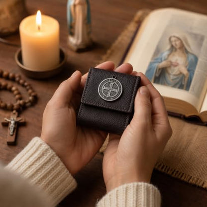 Brown Hand Sewn Leather Catholic Pocket Shrine Portable Mini Prayer Altar with Sacred Art & Medals