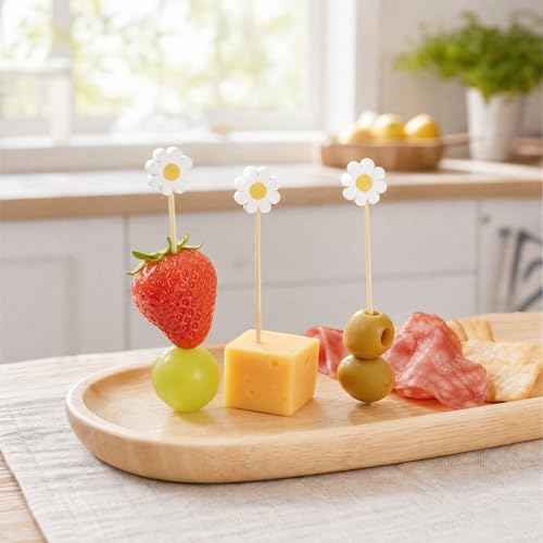 Daisy Cocktail Picks 100 Pack - 4.7 Inch Bamboo Appetizer Skewers for Party