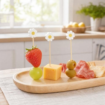 Daisy Cocktail Picks 100 Pack - 4.7 Inch Bamboo Appetizer Skewers for Party