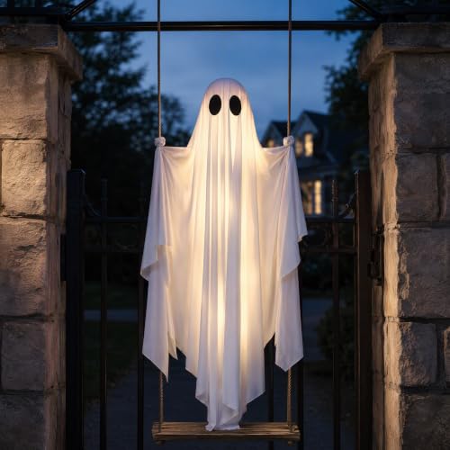 Outdoor Hanging Ghost Decoration with Lights - 5FT Spooky Swing Ghost for Yard Porch