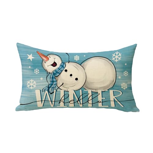 Hello Winter Snowman Blue Lumbar Throw Pillow Cover 12x20 Pack of 4
