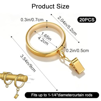 20 Pcs Gold Curtain Rings with Clips 1-5/8 Inch Easy Glide Support