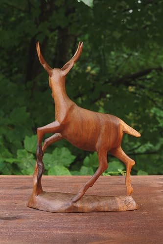 12-Inch Wooden Hand Carved Deer Statue Figurine - Rustic Lodge Decor