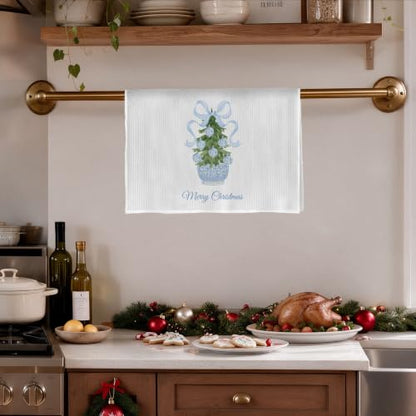 Christmas Tree Chinoiserie Kitchen Towels - Blue Coquette Bow Waffle Decor - 16x24 Inches - Holiday Home Decor - Variation of THIS listing