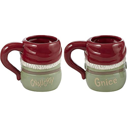 Holiday Gnome Ceramic Mug Set - Gnaughty & Gnice Red & White Coffee Cups, 16 oz