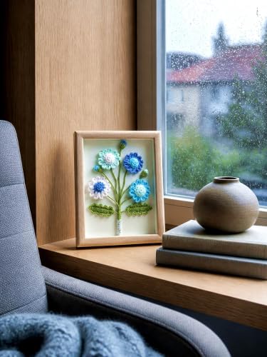 Crochet Flower Bouquet Shadow Box Frame Decor Gift - Blue, 1.2in