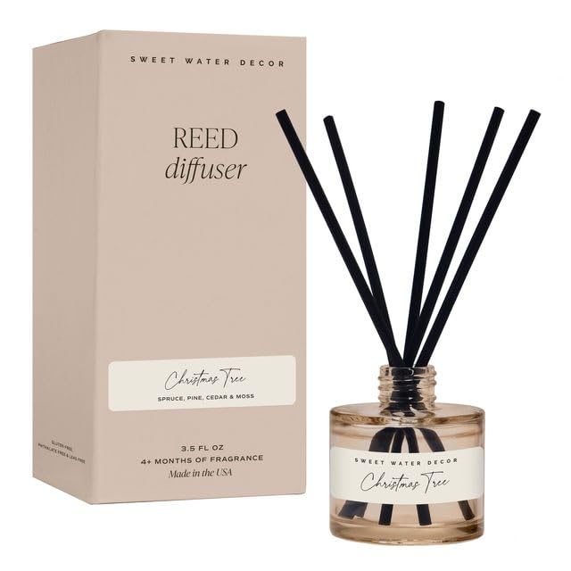 Christmas Tree Reed Diffuser Set - Spruce, Pine Needles, Cedar & Moss Scent, Tinted Glass - 3.5 oz, Made in USA