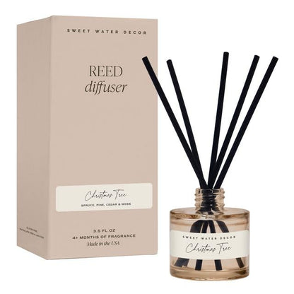 Christmas Tree Reed Diffuser Set - Spruce, Pine Needles, Cedar & Moss Scent, Tinted Glass - 3.5 oz, Made in USA
