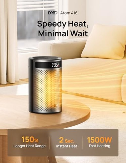 DREO Space Heater, Portable Electric Heaters for Indoor Use with Thermostat, Digital Display, 1-12H Timer, Eco Mode and Fan Mode, 1500W PTC Ceramic Fast Safety Heat for Office Bedroom Home, Black
