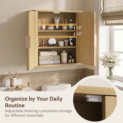 Vividwood Fluted Wall Mounted Bathroom Cabinet Set of 2 with Adjustable Shelves - Modern Over Toilet Storage for Laundry, Kitchen, Living Room - Natural Finish