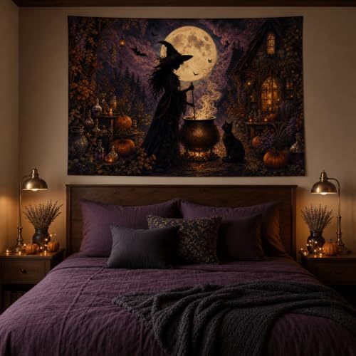 Halloween Witch Cauldron Wall Tapestry - 40x30 Inches Gothic Moonlit Decor