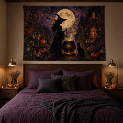 Halloween Witch Cauldron Wall Tapestry - 40x30 Inches Gothic Moonlit Decor