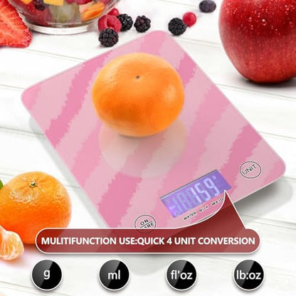 QwThum Food Scale Kitchen Digital Scale Food Ounces and Grams Dieting Baking Cooking Waterproof Glass Panels LCD Display,4 Units Scale Tare Function Stripes Pink