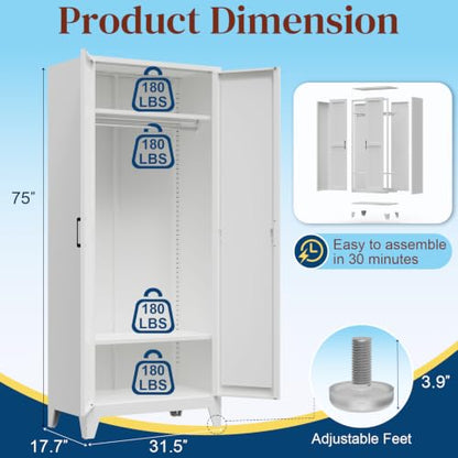 75-Inch Tall Metal Wardrobe Armoire with Hanging Rod & Adjustable Shelves