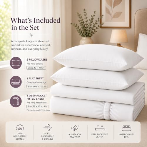 Cotton King Bed Sheet Set 400 Thread Count Sateen Deep Pocket White