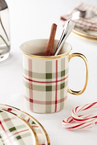 Lenox Holiday Plaid Christmas Mug Set for 4 - 12oz Porcelain with Gold Accents
