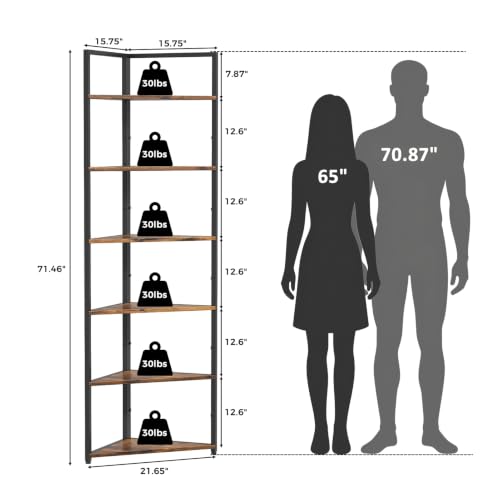71-Inch Tall Corner Shelf with 6 Metal Tiers, Rustic Brown Storage Unit - Variation of THIS listing