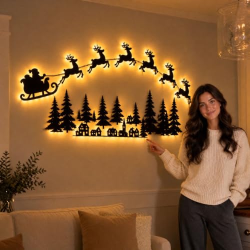 12PCS LED Reindeer Wall Decor - Light-Up Wooden Christmas Decorations - Reindeer and Tree Set