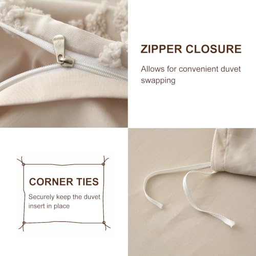 Queen Size Tufted Boho Duvet Cover Set - Farmhouse Beige Bedding
