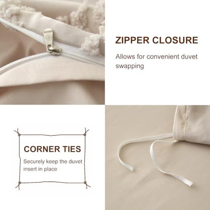 Queen Size Tufted Boho Duvet Cover Set - Farmhouse Beige Bedding