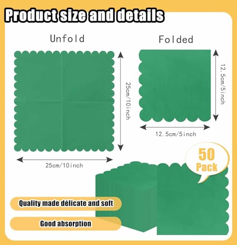50 Pieces Green 3-Ply Disposable Cocktail Napkins - Scalloped, 5x5 Inches