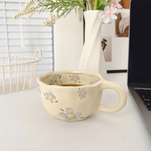 Blue Flower Ceramic Mug - Cute Floral Coffee Cup for Office & Home - 8.5oz
