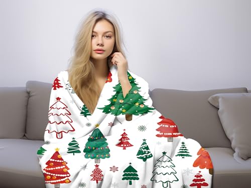 Christmas Trees Blanket - Red Green Winter Holiday Throw Blanket 50x60 Inches - Cozy Flannel