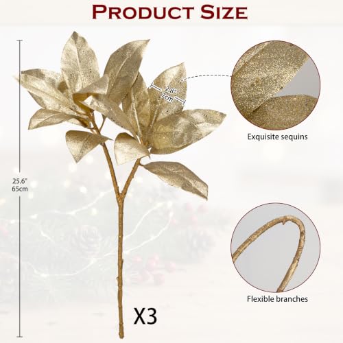 Gold Glitter Magnolia Long Stems - 25.6 Inch Christmas Decor - Set of 3