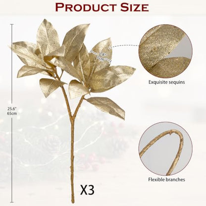 Gold Glitter Magnolia Long Stems - 25.6 Inch Christmas Decor - Set of 3