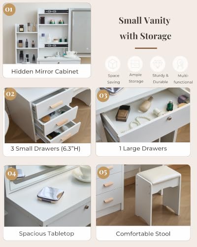 Breevia White Small Vanity Desk with Mirror & Lights, 31.5" Compact Dressing Table with Stool, 4 Drawers