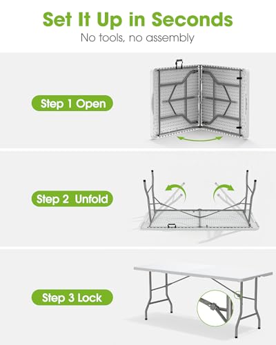 Pureegg 6ft Folding Table - White, Indoor & Outdoor, 300 lbs Support, Portable