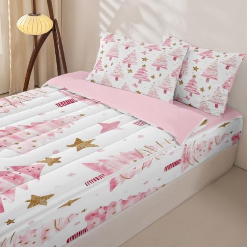 Pink Christmas Tree Comforter Set Twin with Zipper Bedding - Feelyou Pink Gold Variation