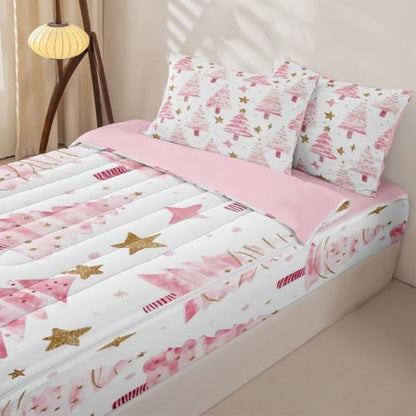 Pink Christmas Tree Comforter Set Twin with Zipper Bedding - Feelyou Pink Gold Variation