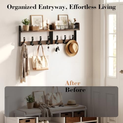 Brown 29-Inch Wall-Mount Coat Rack with Shelf and 11 Hooks - Wooden Entryway Organizer