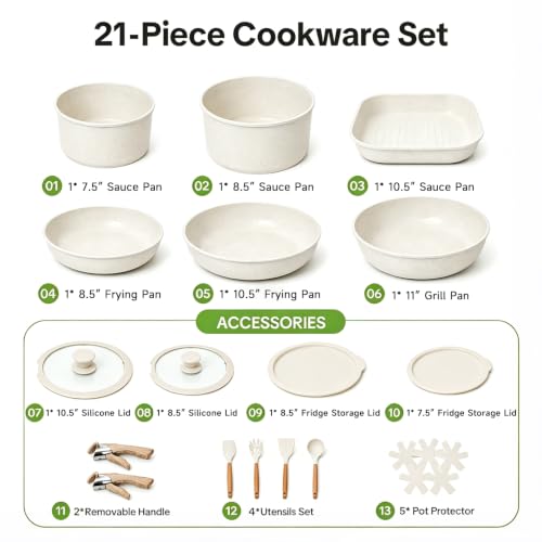 Cream White 21-Piece Ceramic Nonstick Cookware Set with Removable Handles