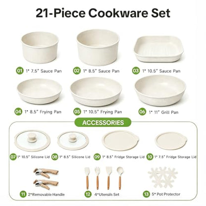 Cream White 21-Piece Ceramic Nonstick Cookware Set with Removable Handles