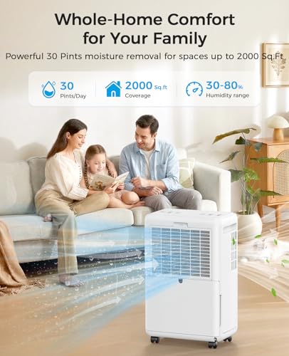 30 Pint Dehumidifier for Basement with Drain Hose - Covers Up to 2000 sq.ft - Moisture Control